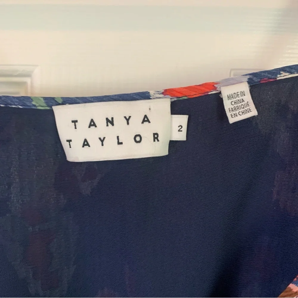 Tanya Taylor Navy Floral Cold-Shoulder Ruffle Silk Blouse, size 2 - Picture 4 of 11